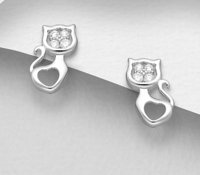 925 Sterling Silver Cat Push-Back Earrings, Decorated with CZ Simulated Diamonds