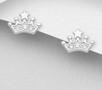 925 Sterling Silver Crown and Star Push-Back Earrings, Decorated with CZ Simulated Diamonds