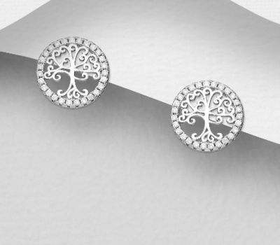 925 Sterling Silver Tree Of Life Push-Back Earrings, Decorated with CZ Simulated Diamonds