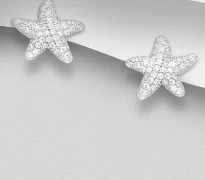 925 Sterling Silver Starfish Push-Back Earrings, Decorated with CZ Simulated Diamonds