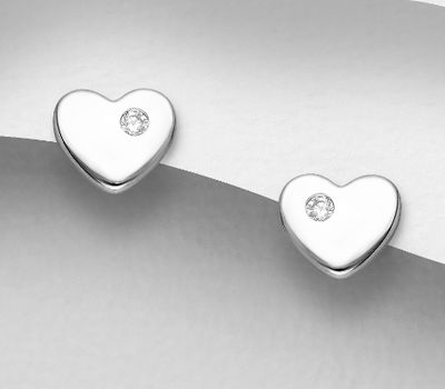 925 Sterling Silver Heart Push-Back Earrings, Decorated with CZ Simulated Diamonds