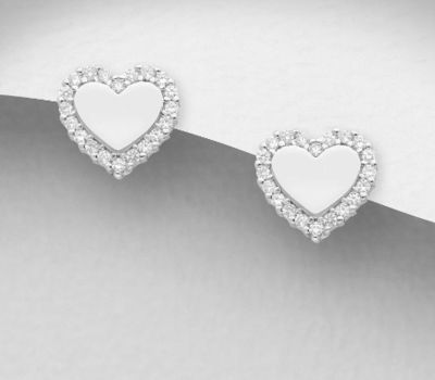 925 Sterling Silver Heart Push-Back Earrings, Decorated with CZ Simulated Diamonds