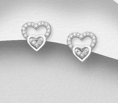 925 Sterling Silver Heart Push-Back Earrings, Decorated with CZ Simulated Diamonds