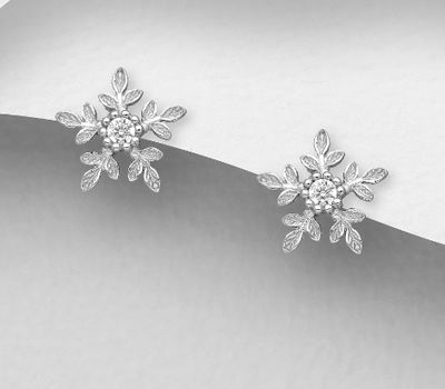 Şəkli böyütmək üçün tiklayın 925 Sterling Silver Flower Push-Back Earrings, Decorated with CZ Simulated Diamonds