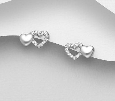 925 Sterling Silver Heart Push-Back Earrings, Decorated  with CZ Simulated Diamonds