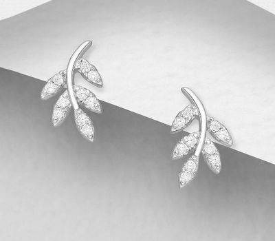 Şəkli böyütmək üçün tiklayın 925 Sterling Silver Leaf Push-Back Earrings, Decorated with CZ Simulated Diamonds