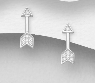 925 Sterling Silver Arrow Push-Back Earrings, Decorated with CZ Simulated Diamonds