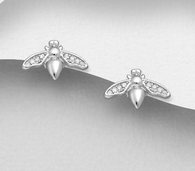 925 Sterling Silver Bee Push-Back Earrings, Decorated with CZ Simulated Diamonds