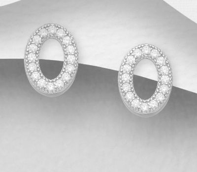 Şəkli böyütmək üçün tiklayın 925 Sterling Silver Oval Push-Back Earrings, Decorated with CZ Simulated Diamonds