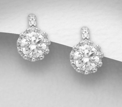 925 Sterling Silver Push-Back Earrings, Decorated with CZ Simulated Diamonds