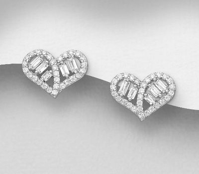 925 Sterling Silver Heart Push-Back Earrings, Decorated with CZ Simulated Diamonds