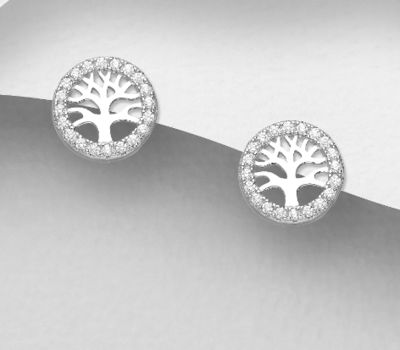 925 Sterling Silver Tree Of Life Push-Back Earrings, Decorated with CZ Simulated Diamonds