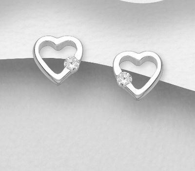 925 Sterling Silver Heart Push-Back Earrings, Decorated with CZ Simulated Diamonds