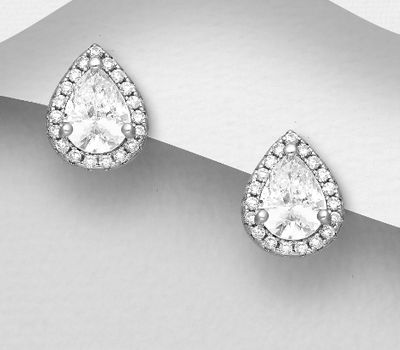 925 Sterling Silver Droplet Halo Push-Back Earrings, Decorated with CZ Simulated Diamonds