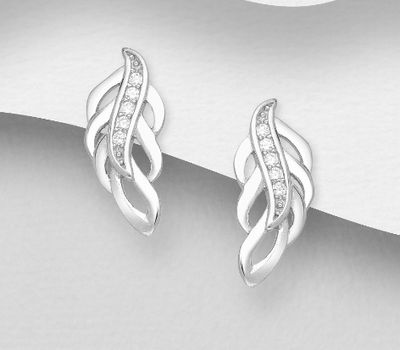 Şəkli böyütmək üçün tiklayın 925 Sterling Silver Leaf Push-Back Earrings, Decorated with CZ Simulated Diamonds