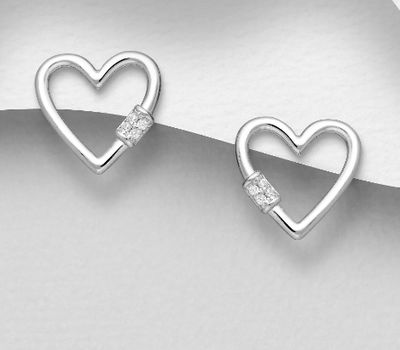 925 Sterling Silver Heart Push-Back Earrings, Decorated with CZ Simulated Diamonds