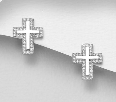 925 Sterling Silver Cross Push-Back Earrings, Decorated with CZ Simulated Diamonds