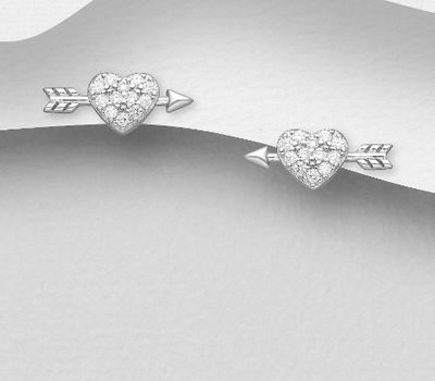 925 Sterling Silver Arrow and Heart Push-Back Earrings, Decorated with CZ Simulated Diamonds