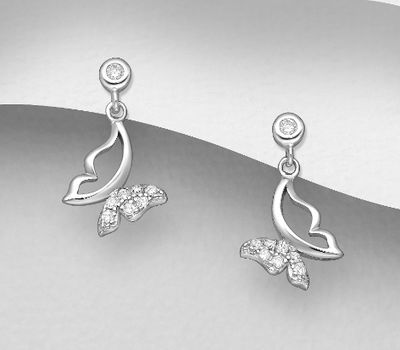 925 Sterling Silver Butterfly Push-Back Earrings, Decorated with CZ Simulated Diamonds