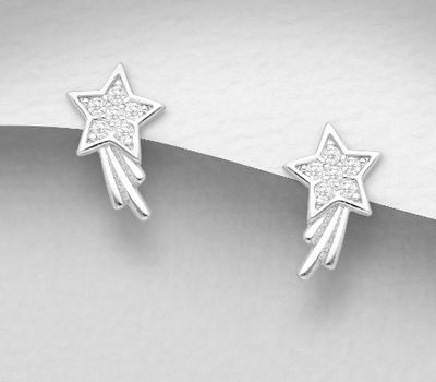 925 Sterling Silver Shooting Star Push-Back Earrings, Decorated with CZ Simulated Diamonds