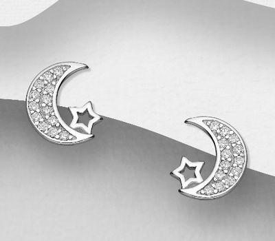 925 Sterling Silver Moon and Star Push-Back Earrings, Decorated with CZ Simulated Diamonds