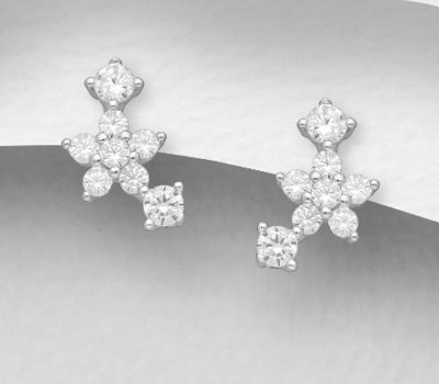 Şəkli böyütmək üçün tiklayın 925 Sterling Silver Flower Push-Back Earrings, Decorated with CZ Simulated Diamonds