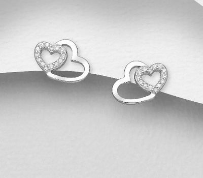 925 Sterling Silver Heart Push-Back Earrings, Decorated with CZ Simulated Diamonds