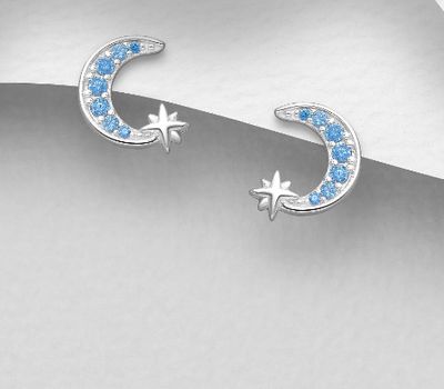 925 Sterling Silver Crescent Moon Push-Back Earrings, Featuring Star, Decorated with CZ Simulated Diamonds