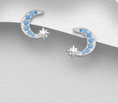Şəkli böyütmək üçün tiklayın 925 Sterling Silver Crescent Moon Push-Back Earrings, Featuring Star, Decorated with CZ Simulated Diamonds