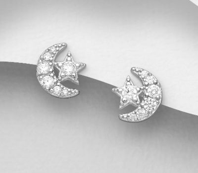 925 Sterling Silver Moon and Star Push-Back Earrings, Decorated with CZ Simulated Diamonds