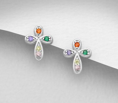925 Sterling Silver Cross Push-Back Earrings, Decorated with CZ Simulated Diamonds, CZ Simulated Diamond Color may Vary.