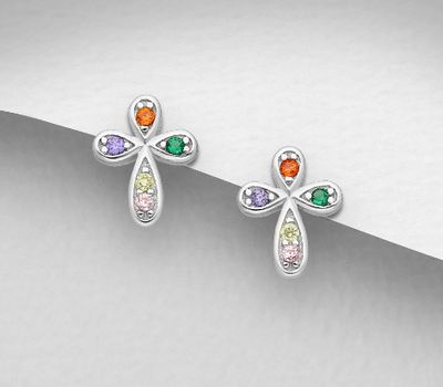 Şəkli böyütmək üçün tiklayın 925 Sterling Silver Cross Push-Back Earrings, Decorated with CZ Simulated Diamonds, CZ Simulated Diamond Color may Vary.