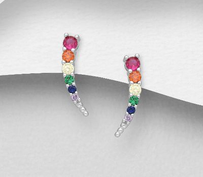 925 Sterling Silver Push-Back Earrings, Decorated with Colorful CZ Simulated Diamonds