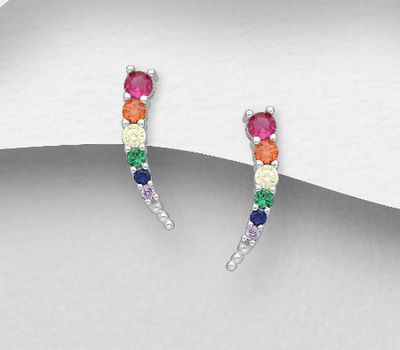 Şəkli böyütmək üçün tiklayın 925 Sterling Silver Push-Back Earrings, Decorated with Colorful CZ Simulated Diamonds