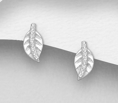 Malın səhifəsinə keç 925 Sterling Silver Leaf Push-Back Earrings, Decorated with CZ Simulated Diamonds