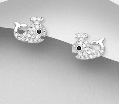 925 Sterling Silver Whale Push-Back Earrings, Decorated with CZ Simulated Diamonds