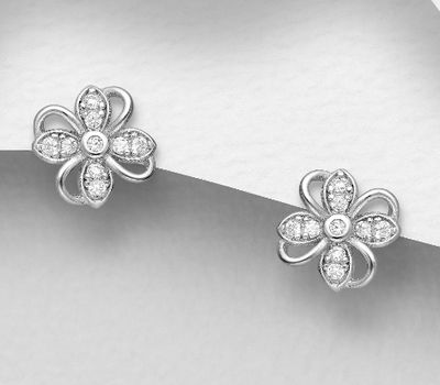Şəkli böyütmək üçün tiklayın 925 Sterling Silver Flower Push-Back Earrings Decorated with CZ Simulated Diamonds
