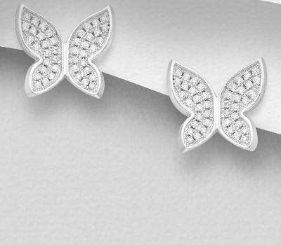 925 Sterling Silver Butterfly Push-Back Earrings, Decorated with CZ Simulated Diamonds