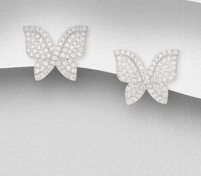 925 Sterling Silver Butterfly Push-Back Earrings, Decorated with CZ Simulated Diamonds