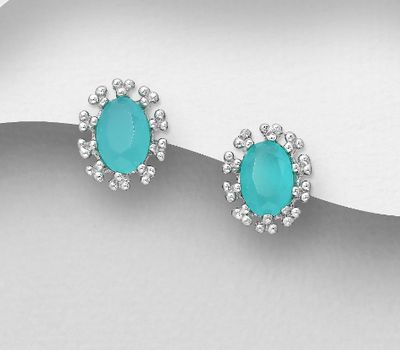 925 Sterling Silver Oval Push-Back Earrings, Decorated with Various Colors CZ Simulated Diamonds