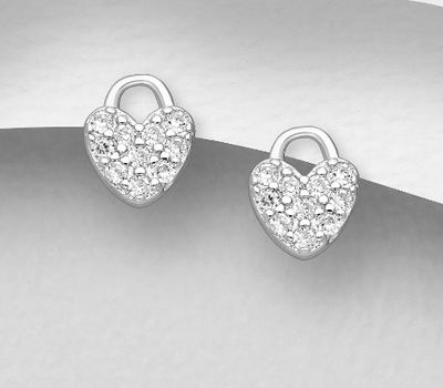 925 Sterling Silver Heart Padlock Push-Back Earrings, Decorated with CZ Simulated Diamonds
