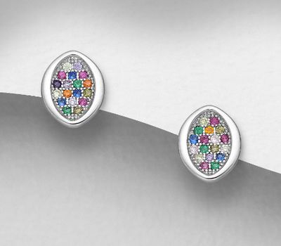925 Sterling Silver Oval Push-Back Earrings, Decorated with Colorful CZ Simulated Diamonds