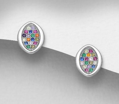 Şəkli böyütmək üçün tiklayın 925 Sterling Silver Oval Push-Back Earrings, Decorated with Colorful CZ Simulated Diamonds