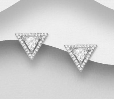 925 Sterling Silver Triangle Push-Back Earrings, Decorated with CZ Simulated Diamonds