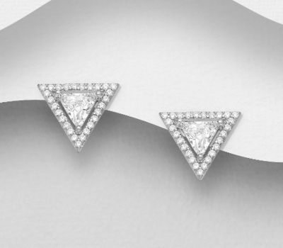 Şəkli böyütmək üçün tiklayın 925 Sterling Silver Triangle Push-Back Earrings, Decorated with CZ Simulated Diamonds