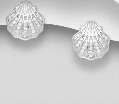 925 Sterling Silver Shell Push-Back Earrings, Decorated with CZ Simulated Diamonds