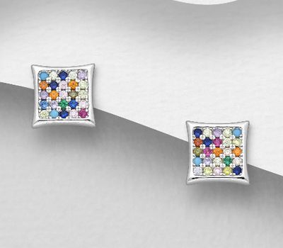925 Sterling Silver Square Push-Back Earrings, Decorated with Colorful CZ Simulated Diamonds