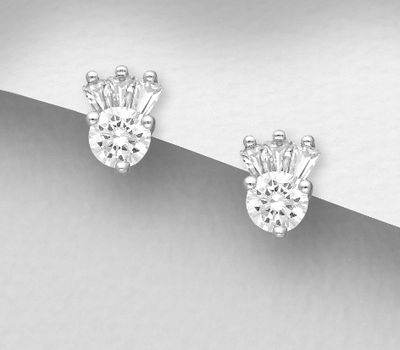 925 Sterling Silver Crown Push-Back Earrings, Decorated with CZ Simulated Diamonds