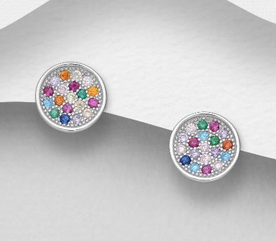 925 Sterling Silver Round Push-Back Earrings, Decorated with Colorful CZ Simulated Diamonds