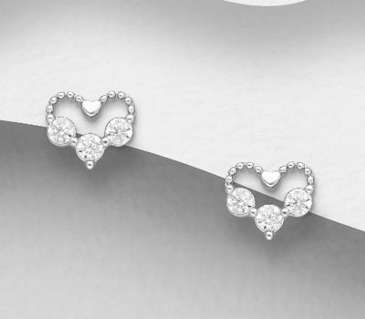 925 Sterling Silver Heart Push-Back Earrings, Decorated with CZ Simulated Diamonds